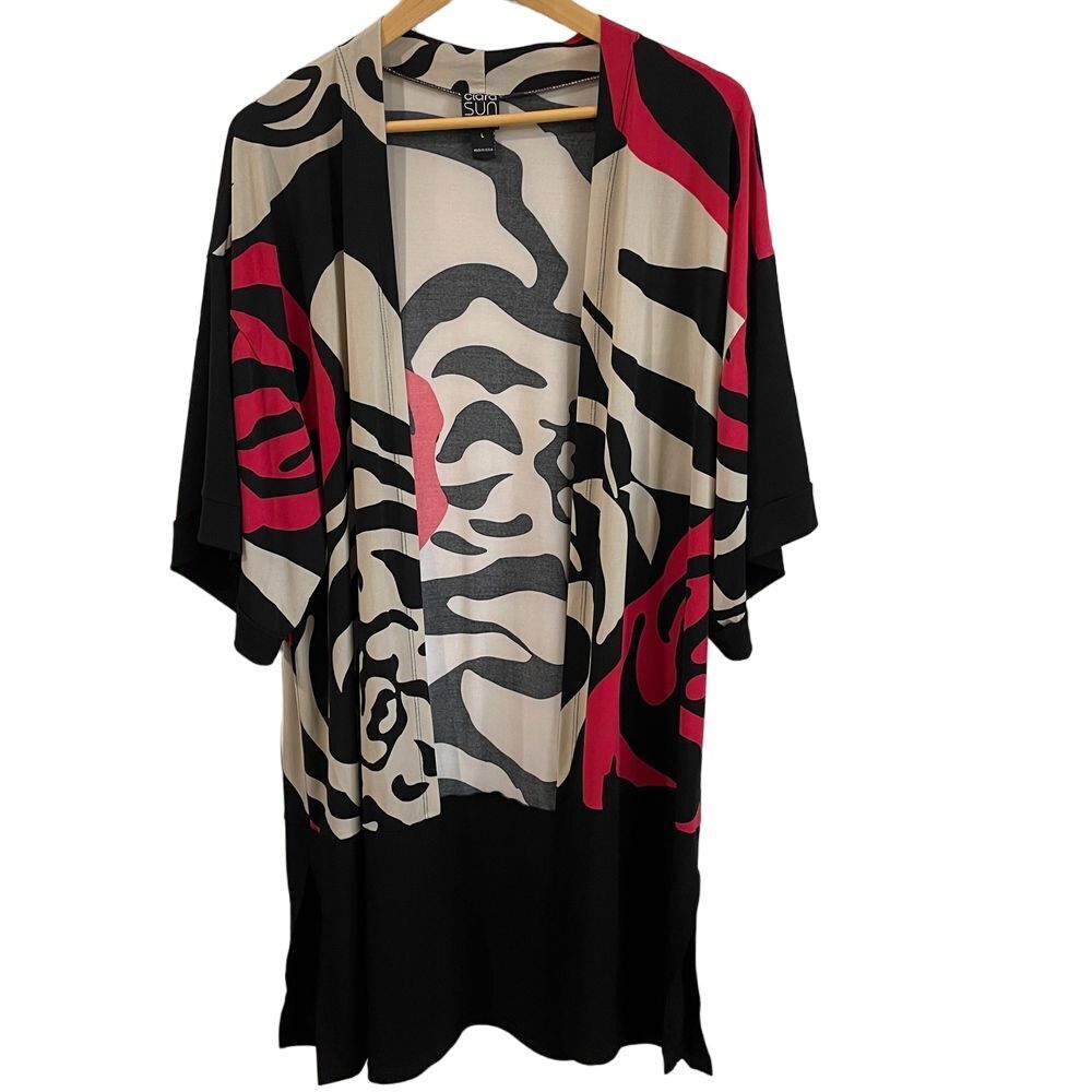 Clara Sun Woo Open Front Floral Print Cardigan - Black, Cream & Red